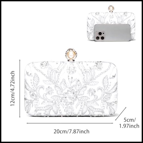 Silver Sequin Beaded Evening Clutch Handbag Elegant Wedding Party Purse
